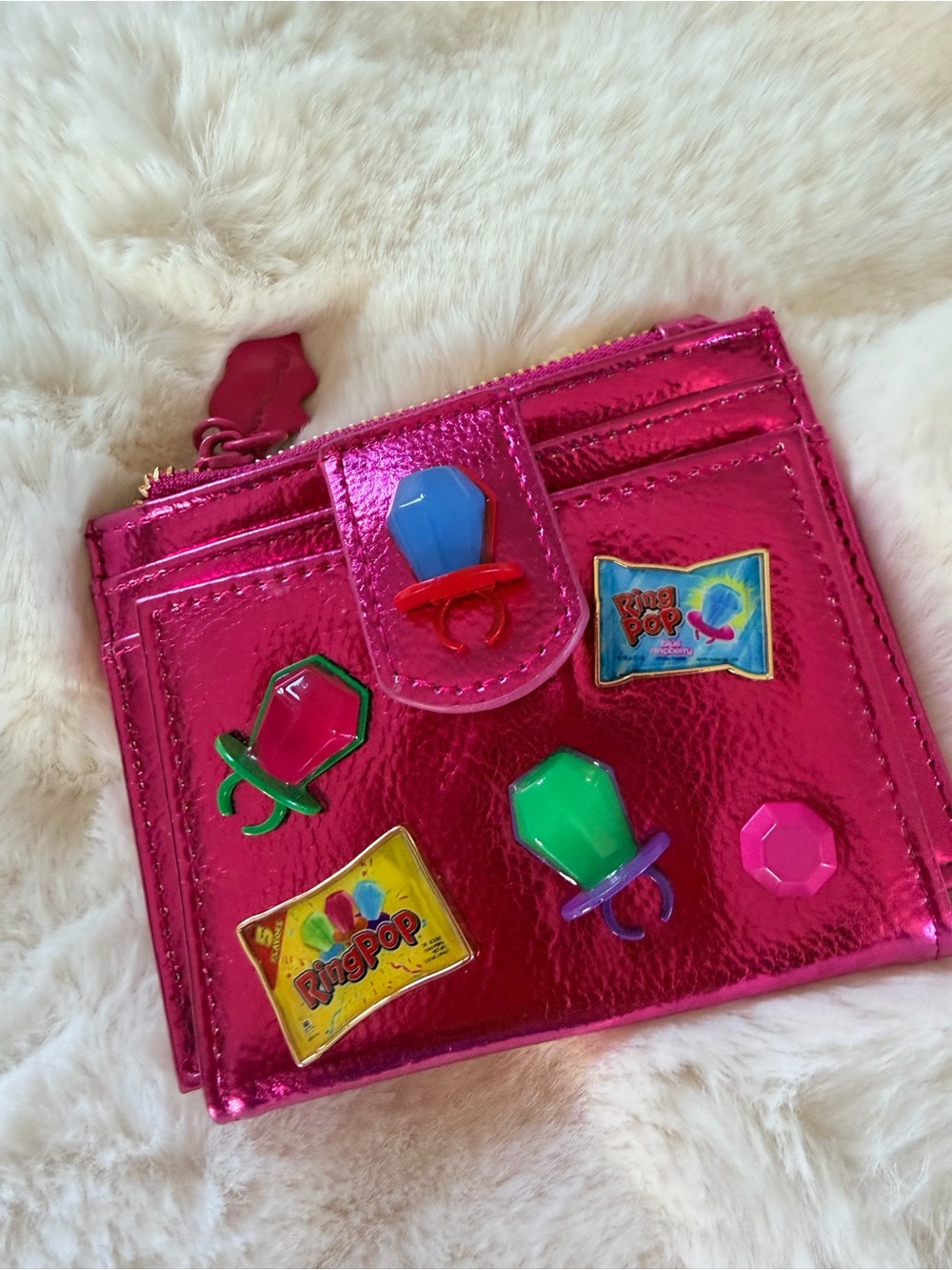 Betsey Johnson Pink Metallic Card Holder Wallet with Colorful Ring Pop Accents
